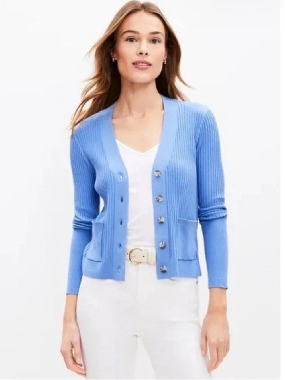 LOFT Blue Ribbed V-Neck Cardigan Sweater